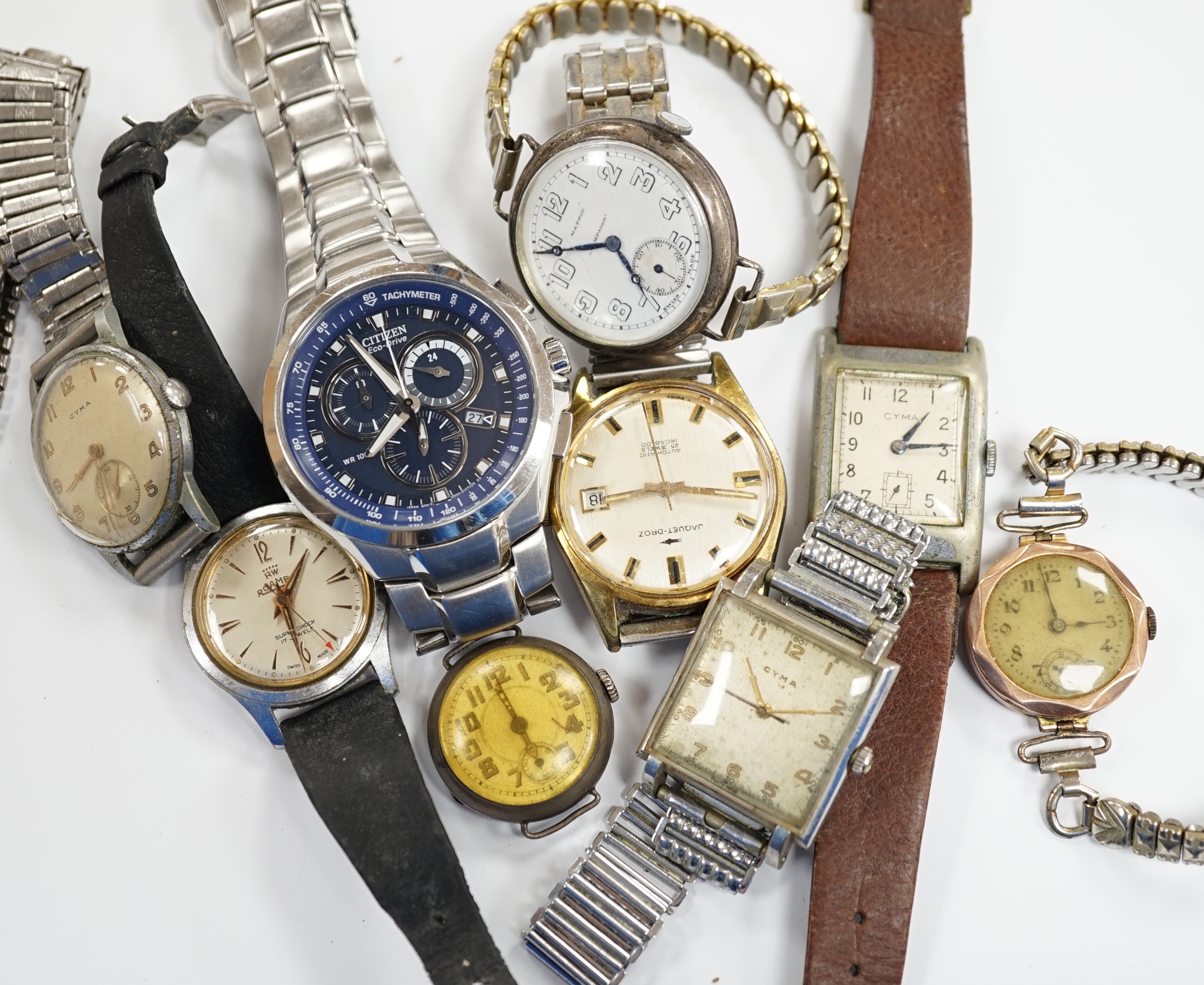 A group of assorted mainly steel wrist watches including three Cyma, a Roamer and modern Citizen Eco-Drive.